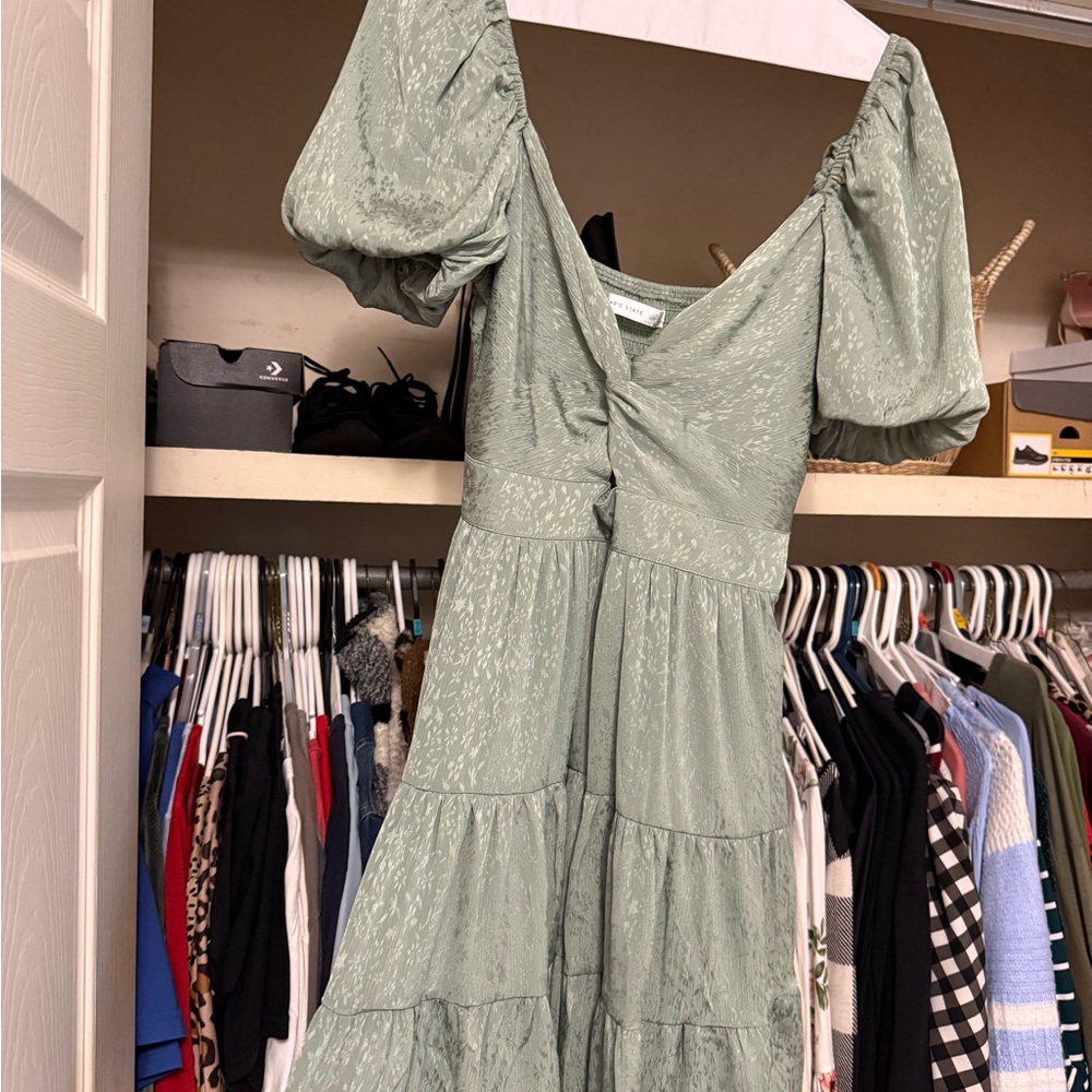 Altar'd State Sage Puff-Sleeve Tiered Midi Dress